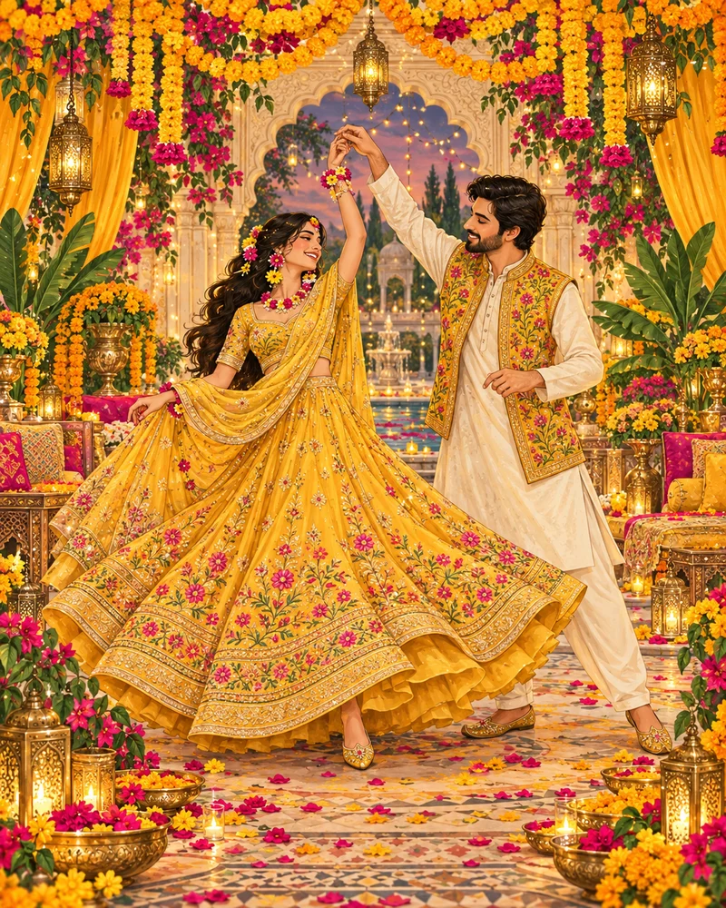 Illustrated bride and groom at a festive Mehendi celebration