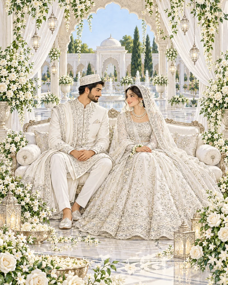Illustrated bride and groom at a festive Nikkah celebration