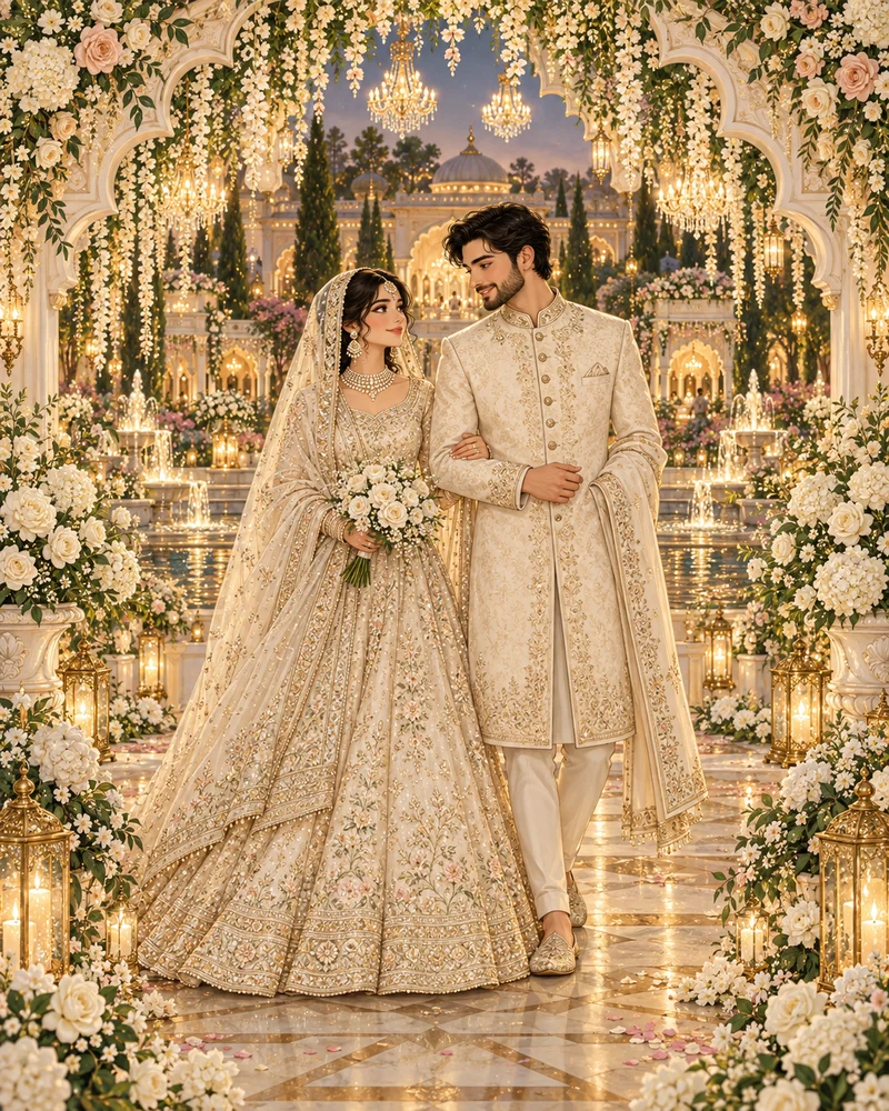 Illustrated bride and groom at a festive Valima celebration