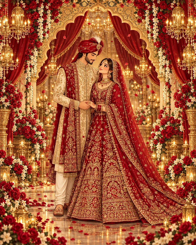 Illustrated bride and groom at a festive Wedding celebration